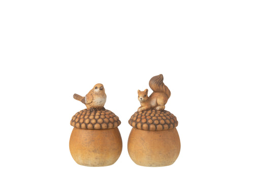 J-Line figuur Vogel + Eekhoorn op eikel - porselein - bruin - small - 2 stuks - vtwonen shop
