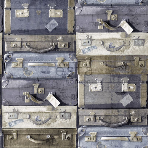 ESTAhome behang vintage koffers blauw en bruin - 53 cm x 10.05 m - 138215