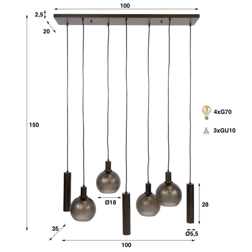 Giga Living Hanglamp Sfera Tricolore - Bruin Glas - 100x35x150cm