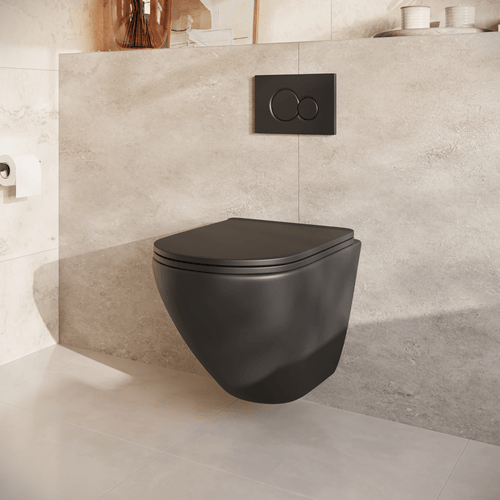 LOMAZOO hangtoiletset Linea - met inbouwreservoir & ronde drukplaat - rond - zwart