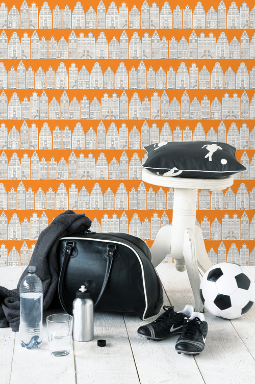 ESTAhome behang Amsterdamse huizen oranje en wit - 53 cm x 10.05 m - 115874