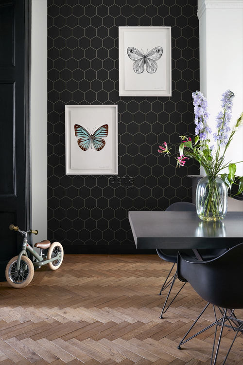 ESTAhome behang hexagon zwart en goud - 53 cm x 10.05 m - 139313