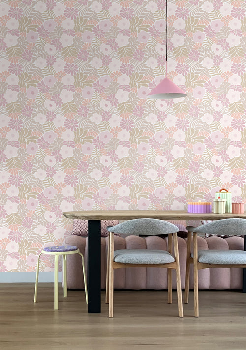 ESTAhome behang bloemen in Matisse stijl lichtpaars, groen en oranje - 53 cm x 10.05 m - 131002