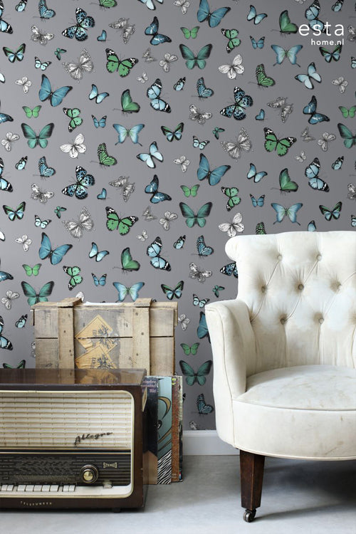 ESTAhome behang vlinders zilver en turquoise - 53 cm x 10.05 m - 138510