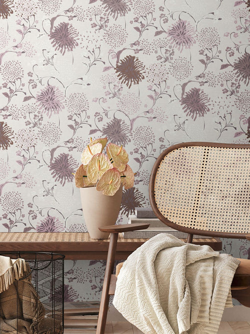 Livingwalls behang bloemmotief wit, lila paars, roze en crème - 53 cm x 10.05 m - AS-389001