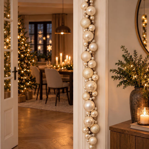 Mica Decorations Slinger creme - l180cm - Kerstslinger met Crèmekleurige Kerstballen - Glanzende, Matte en Glitter Afwerking - Gemaakt van Gerecycled