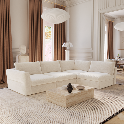 Sia Home - Modulaire rechte hoekbank NEST - Zacht aanvoelende geweven stof - Beige - 307cm