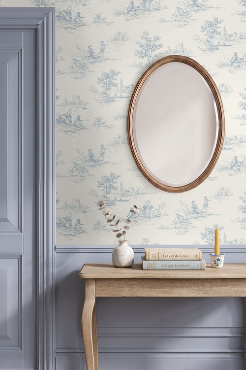 ESTAhome behang toile de jouy print lichtblauw en wit - 50 x 900 cm - 132109