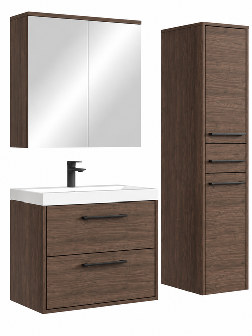 Badplaats Badkamermeubel Set Florence 60 cm – Walnoot Bruin – Hangend Badmeubel met Wastafel, Spiegelkast en Zijkast
