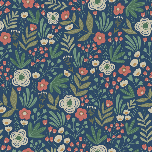 ESTAhome behang bloemetjes donkerblauw, groen en terracotta - 50 x 900 cm - 131071 - vtwonen shop