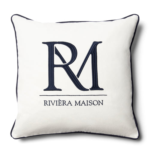 Rivièra Maison RM Monogram PillowCover white 50x50 - Katoen - Blauw / White - vtwonen shop