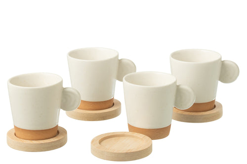 J-Line koffietas Met Oor + Bamboubasis - keramiek - wit/naturel - doos van 4