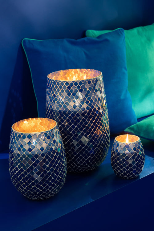 J-Line geurkaars Mia Mozaiek - Juniper Love - glas - blauw - medium - 120U