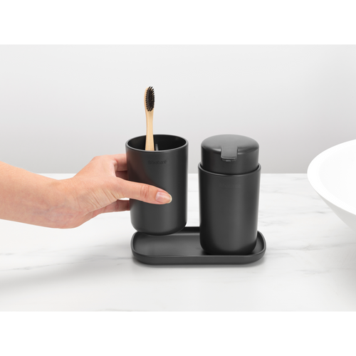 Brabantia ReNew Badkameraccessoire-set, zeepdispenser, tandenborstelhouder en schaal - Dark Grey