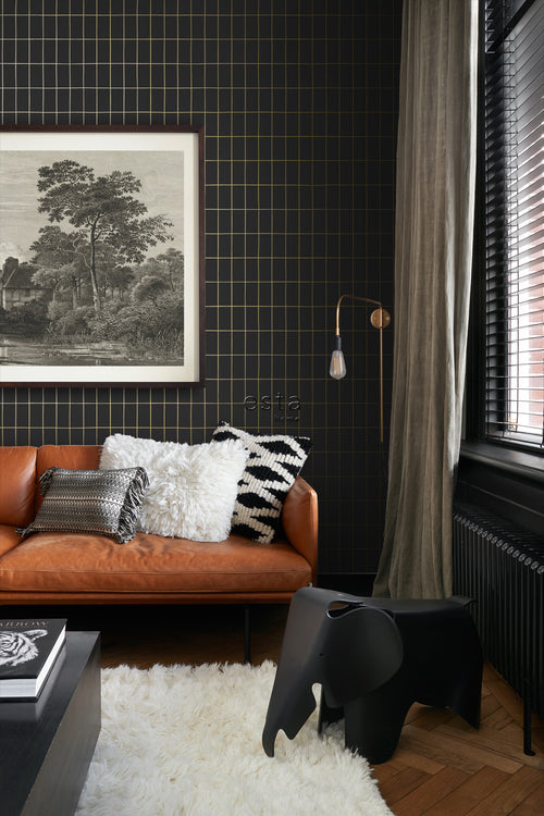 ESTAhome behang kleine tegeltjes zwart en goud - 53 cm x 10.05 m - 139132