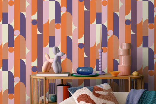 ESTAhome behang geometrische vormen paars, oranje en bruin - 50 x 900 cm - 131061 - vtwonen shop
