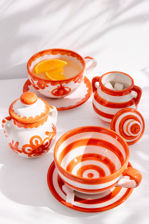 J-Line kopje + schoteltje Granada Stripes - keamiek - wit/oranje