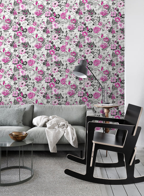 ESTAhome behang bloemen roze en zwart - 53 cm x 10.05 m - 138504