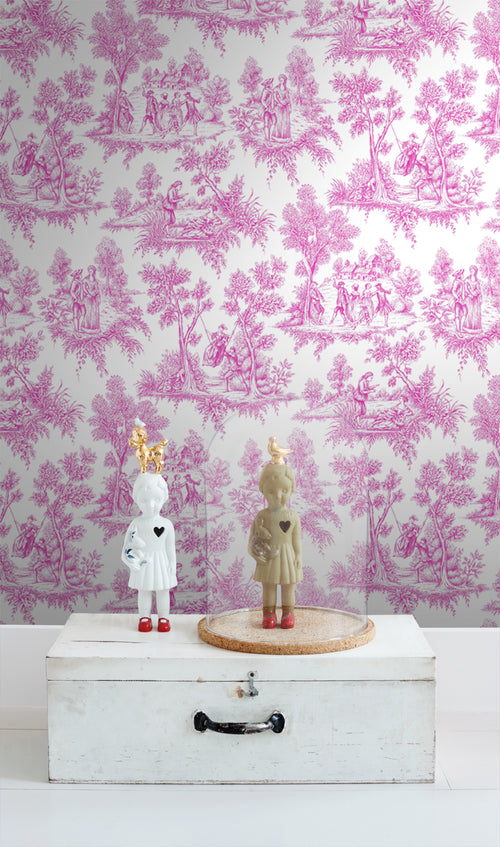 ESTAhome behang toile de jouy print roze - 53 cm x 10.05 m - 136819