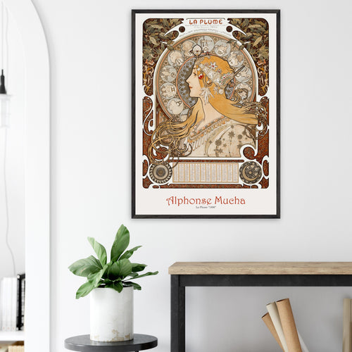 Artfulprints Poster met Lijst Alphonse Mucha - La plume   - 30x40 cm - Bruin