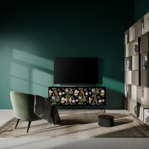 Meubel TV 2 deuren 3 lades JAN gelakt MDF met bloemenprint op zwarte achtergrond - vtwonen shop