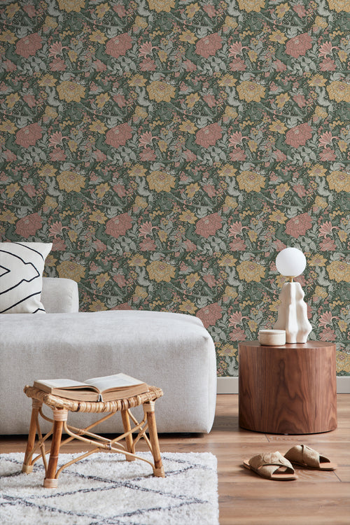 ESTAhome behang vintage bloemen blauwgroen, oudroze en okergeel - 50 x 900 cm - 131198