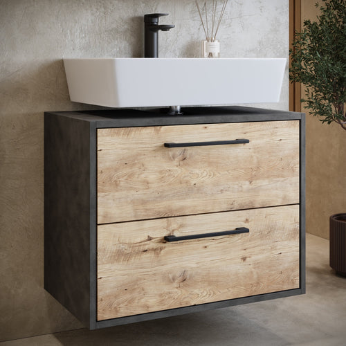 Badplaats Wastafelkast Set Florence 60 x 35 cm – Kastanje Eiken met Donker Grijs – Badmeubel met Spiegelkast