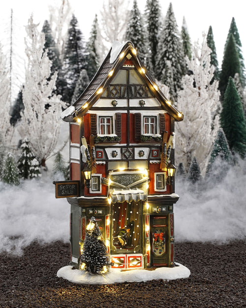 LuVille Kerstdorp Miniatuur Wintersportwinkel - L18 x B8 x H28 cm
