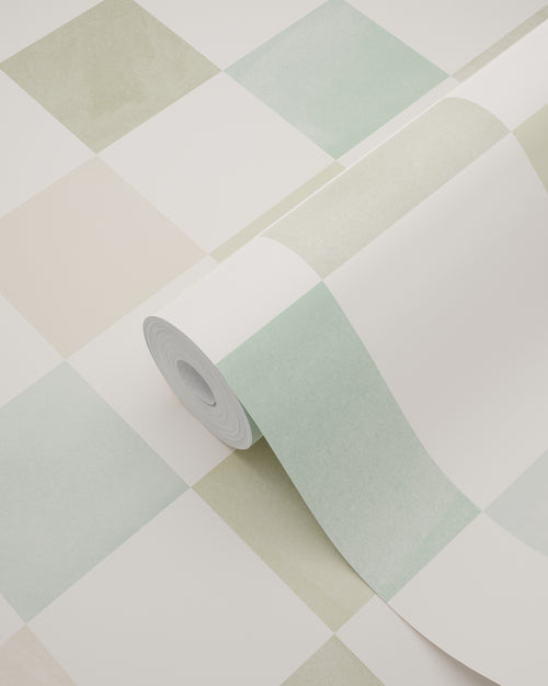 ESTAhome behang geblokt motief beige, blauw en groen - 50 x 900 cm - 131718