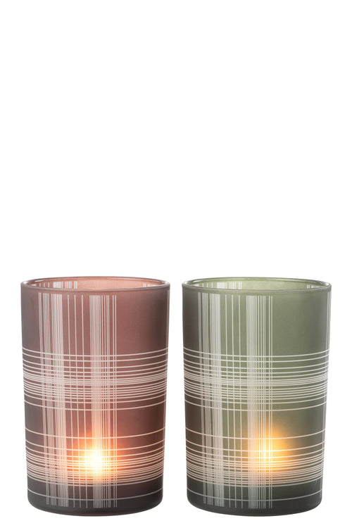 J-Line windlicht Geruit - glas - bruin/groen - large - 2 stuks