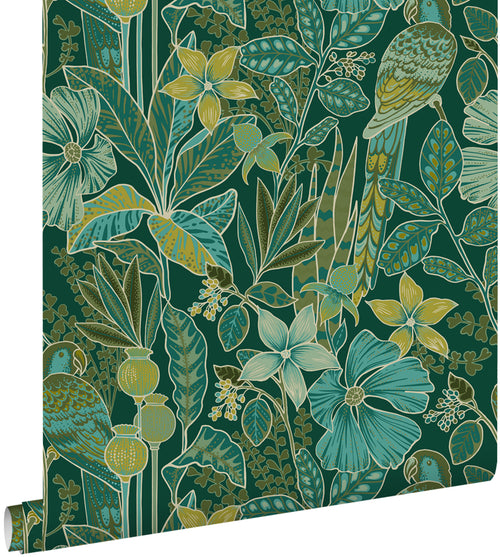 ESTAhome behang tropische bloemen en paradijsvogels donkergroen - 50 x 900 cm - 131158 - vtwonen shop