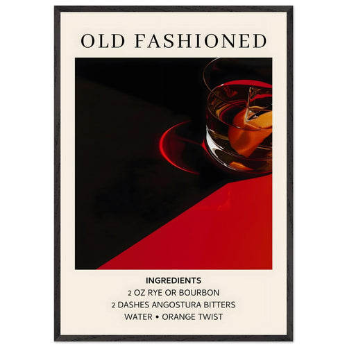 Artfulprints Poster met Lijst Old Fashioned cocktail - Ingrediënten   - 70x100 cm - Zwart
