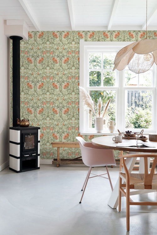 ESTAhome behang vintage bloemen in art nouveau stijl groen en terracotta - 50 x 900 cm - 131852