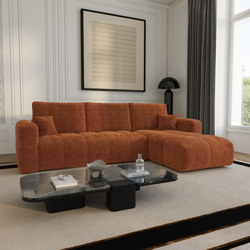 Premium Interiors - Rechthoekige hoekbank met slaapfunctie en opbergruimte VIBE - zacht aanvoelende geweven stof terracotta 286cm