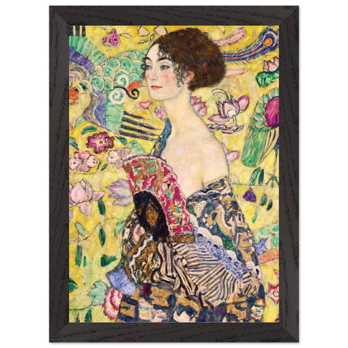 Artfulprints Poster met Lijst Gustav Klimt - Lady with a fan   - A4 21x29.7 cm - Geel