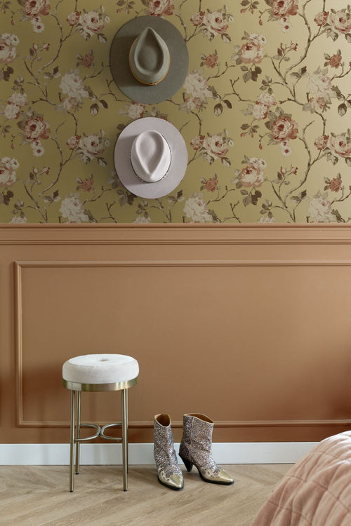 ESTAhome behang vintage bloemen goud en terracotta roze - 53 cm x 10.05 m - 139762