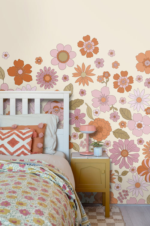 ESTAhome fotobehang retro bloemen paars en oranje - 2.5 x 2.79 m - 159592
