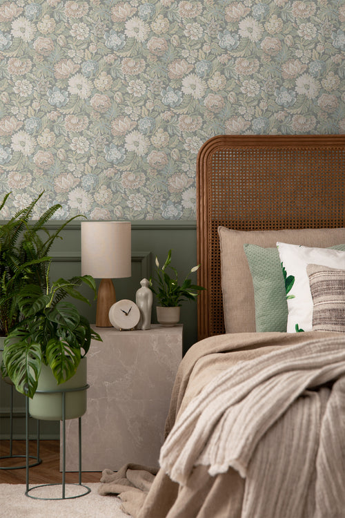 Borastapeter behang vintage bloemen vergrijsd groen - 53 cm x 10.05 m - 660219 - vtwonen shop