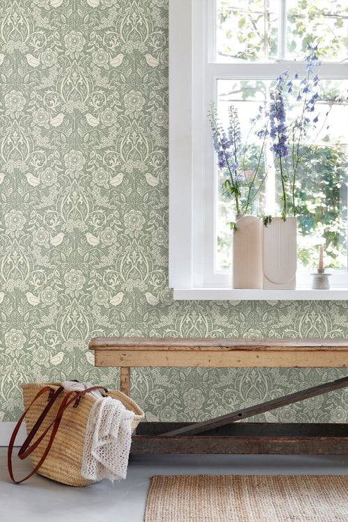 ESTAhome behang bloemen en vogels in art nouveau stijl blauwgroen - 50 x 900 cm - 131990
