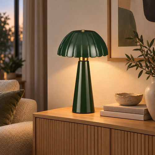 Mica Decorations Naomi Tafellamp - Ronde Tafellamp Donkergroen Keramiek met Geplooide Lampenkap - Geschikt voor E27 Lichtbron tot 60W - Afmeting H40,5