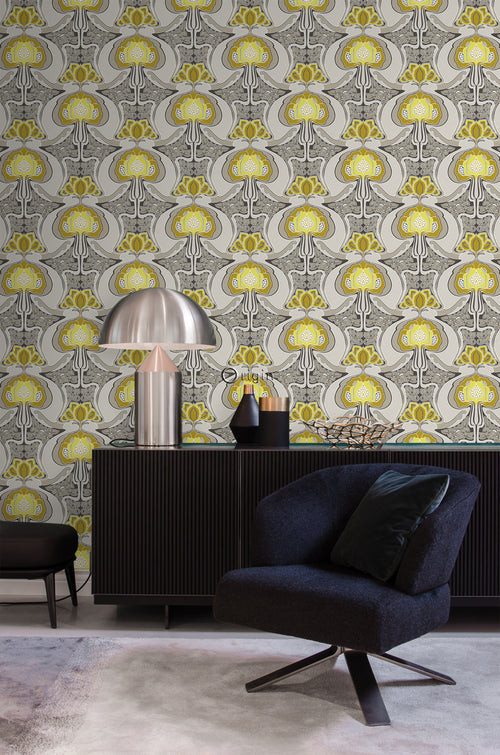 Origin Wallcoverings behang jugendstil bloemmotief okergeel en grijs - 53 cm x 10,05 m - 347206 - vtwonen shop