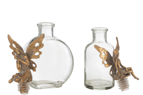 J-Line decoratie Flessen Fairy - metaal/glas - goud - 2 stuks