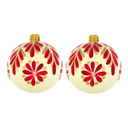 Dagmara kerstbal – glas – set van 2 – met rode florale motieven