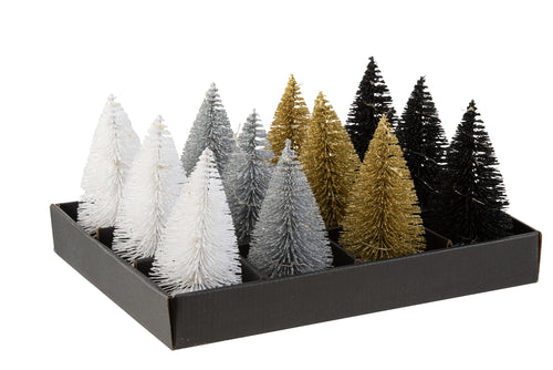 J-Line display Kerstboom -  kunststof - wit/zilver/goud/zwart - 12 stuks - LED lichtjes