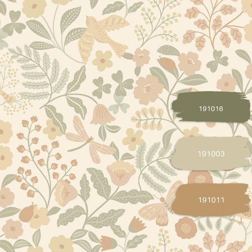 ESTAhome behang bloemen en vogels beige, groen en zacht roze - 53 cm x 10.05 m - 139867