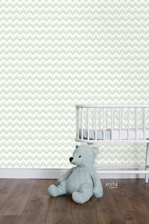 ESTAhome behang zigzag motief mintgroen en wit - 53 cm x 10.05 m - 128858