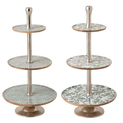 J-Line plateau 3 Niveaus - hout - groen/wit - set van 2