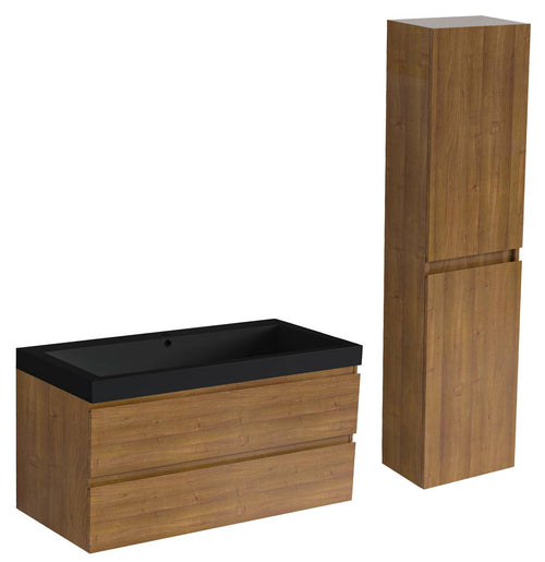 LOMAZOO badmeubelset Avalon - met hoge kast & zwarte wastafel - warm eiken - 100 cm