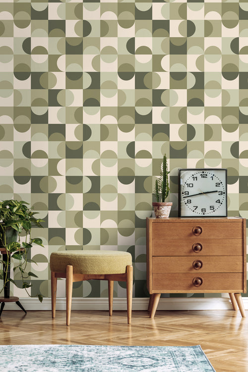 ESTAhome behang cirkels in Bauhaus stijl vergrijsd groen en beige - 50 x 900 cm - 130940 - vtwonen shop