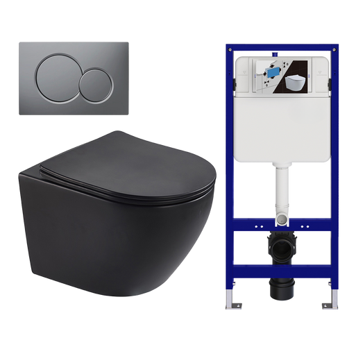 LOMAZOO hangtoiletset Linea - met inbouwreservoir & ronde drukplaat - rond - gun metal / zwart